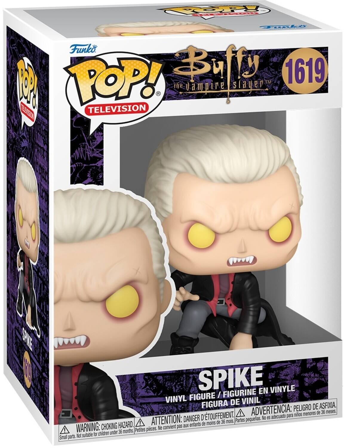 Sure, here is the corrected and grouped text from the image:

---

**Funko POP! TELEVISION**

**Buffy the Vampire Slayer**

**SPIKE**

**VINYL FIGURE / FIGURINE EN VINYLE / FIGURA DE VINIL**

**WARNING: CHOKING HAZARD. Small parts. Not suitable for children under 36 months.**

**ATTENTION: DANGER D'ÉTOUFFEMENT. Petites pièces. Ne convient pas aux enfants de moins de 36 mois.**

**ADVERTENCIA: PELIGRO DE ASFIXIA. Partes pequeñas. No es adecuado para niños menores de 36 meses.**

**1619**

---