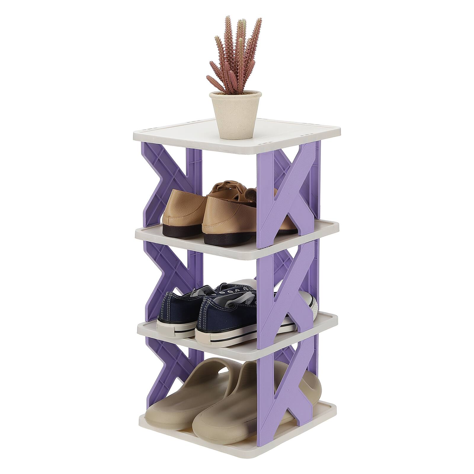 Front. Unique Bargains - 4-Tier Free Standing Shoe Rack, Vertical Narrow Stackable Organizer for Front Door Garage Closet - Purple.