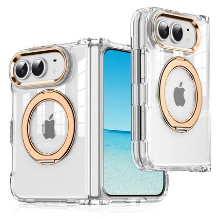 Front. Dteck - for Apple iPhone Duo 2026 Transparent Magnetic Case,Rugged Clear Back Cover with Metal Ring Kickstand - Gold.