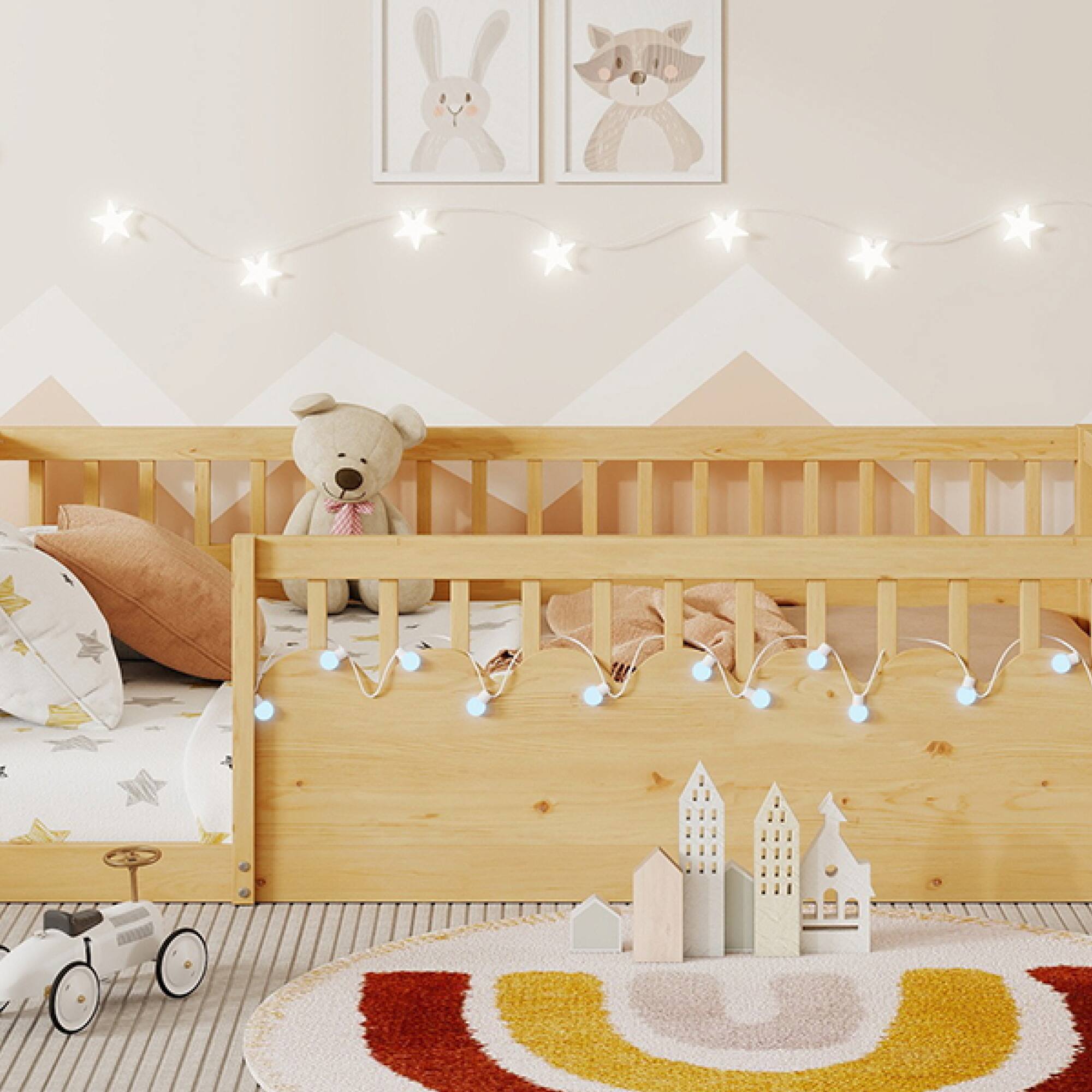 Alt View 2. GOODSILO - Full Size Low Profile Children's Floor Bed Frame Integrated LED Lighting and Convenient Storage Shelf - Natural.