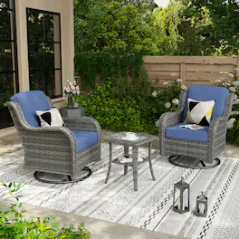 Ovios - 3 PCS Patio Bistro Set, Wicker Rocking Chairs, Rattan Swivel Chairs with Side Table - Denim Blue(Grey Wicker)