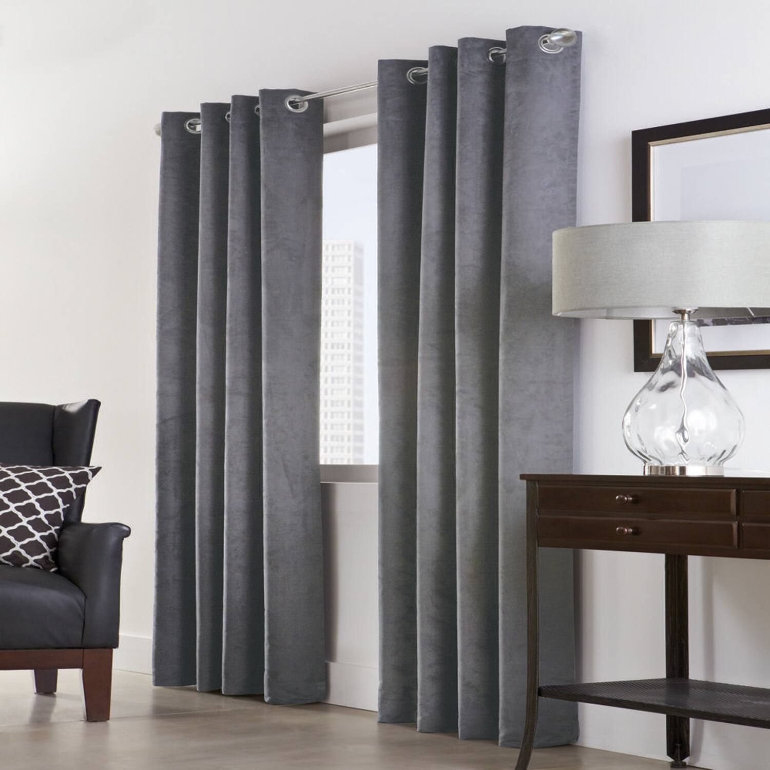 Left. Commonwealth Home Fashions - Thermalogic Navar Blackout Light Super Soft Faux Suede Fexture Grommet Curtain Panel 54" x 84" Dark - Dark grey.