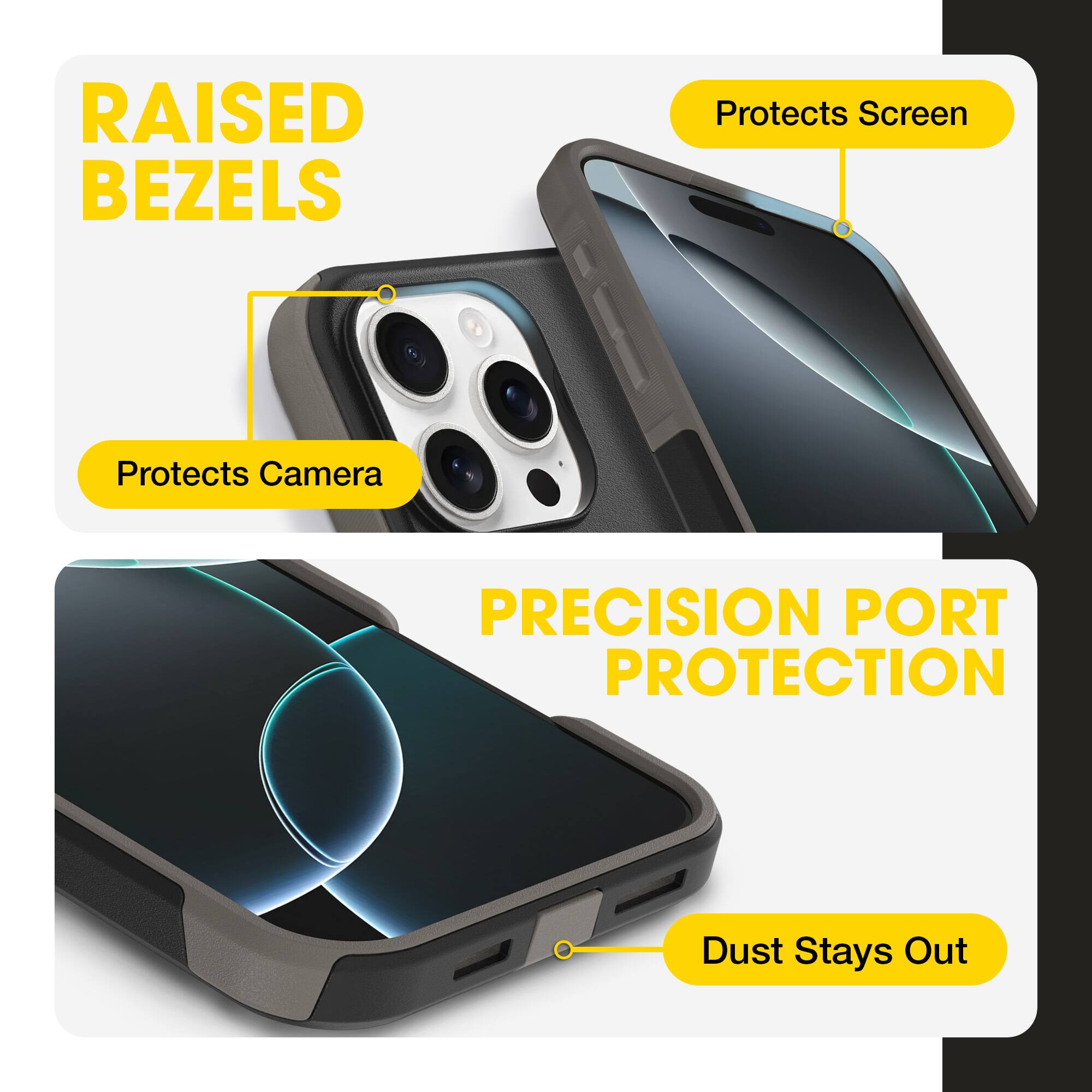 RAISED BEZELS  
- Protects Screen  
- Protects Camera  

PRECISION PORT PROTECTION  
- Dust Stays Out