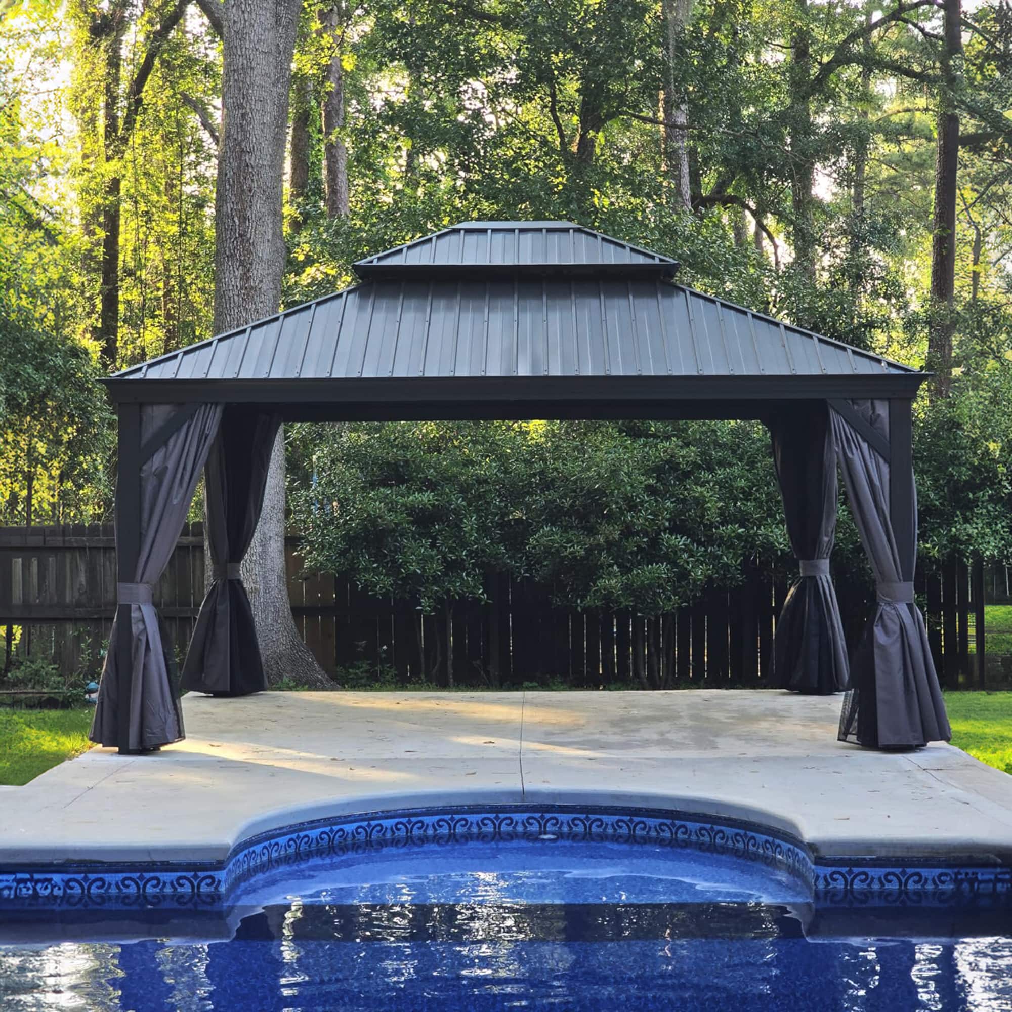 PURPLE LEAF - Permanent Hardtop Aluminum Gazebo with Double Roof for Patio Lawn and Garden, Curtains and Netting Included - 13' x 15'