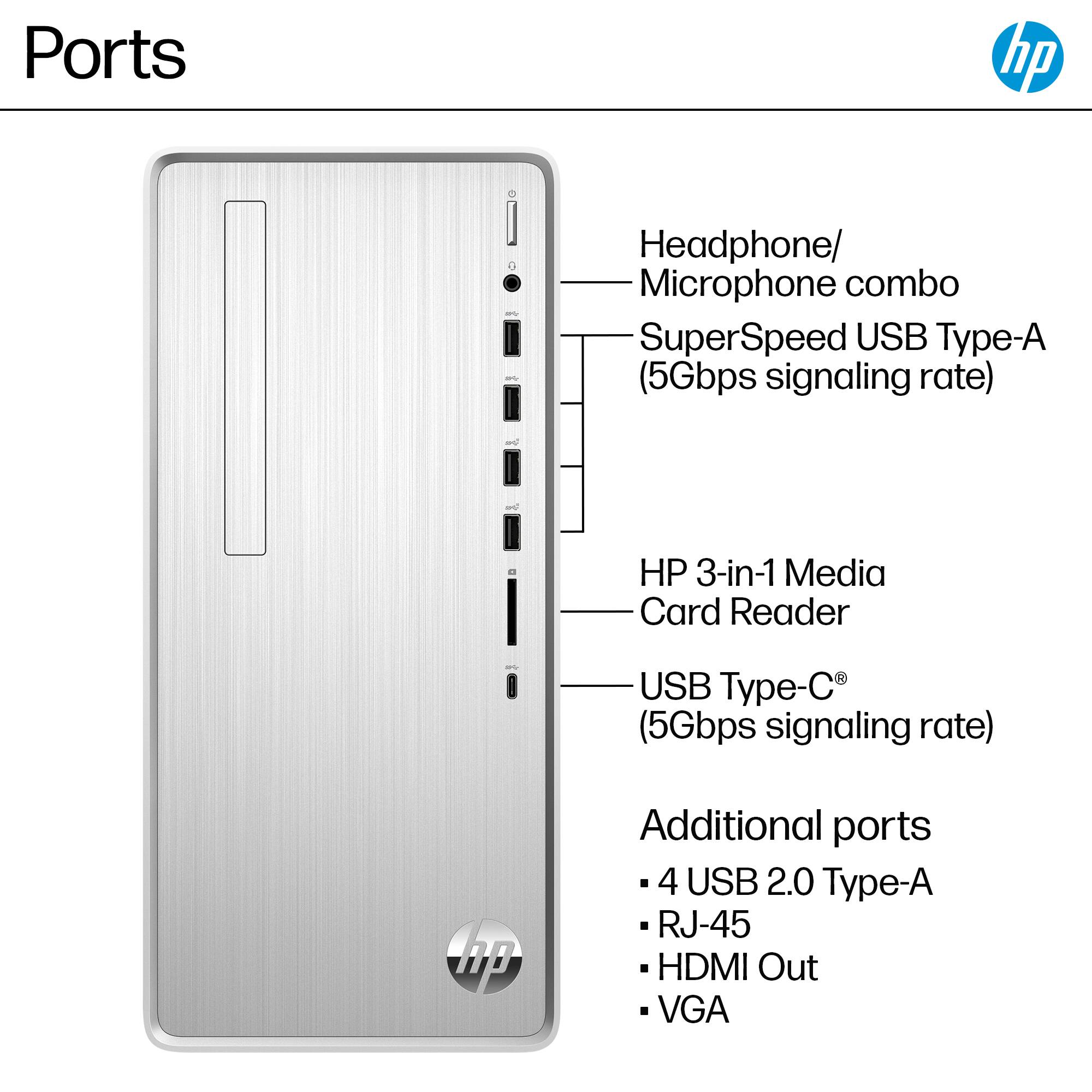 Ports:

* Headphone/Microphone combo
* SuperSpeed USB Type-A (5Gbps signaling rate)
* HP 3-in-1 Media Card Reader
* USB Type-C (5Gbps signaling rate)
* Additional ports: 4 USB 2.0 Type-A, RJ-45, HDMI Out, VGA
