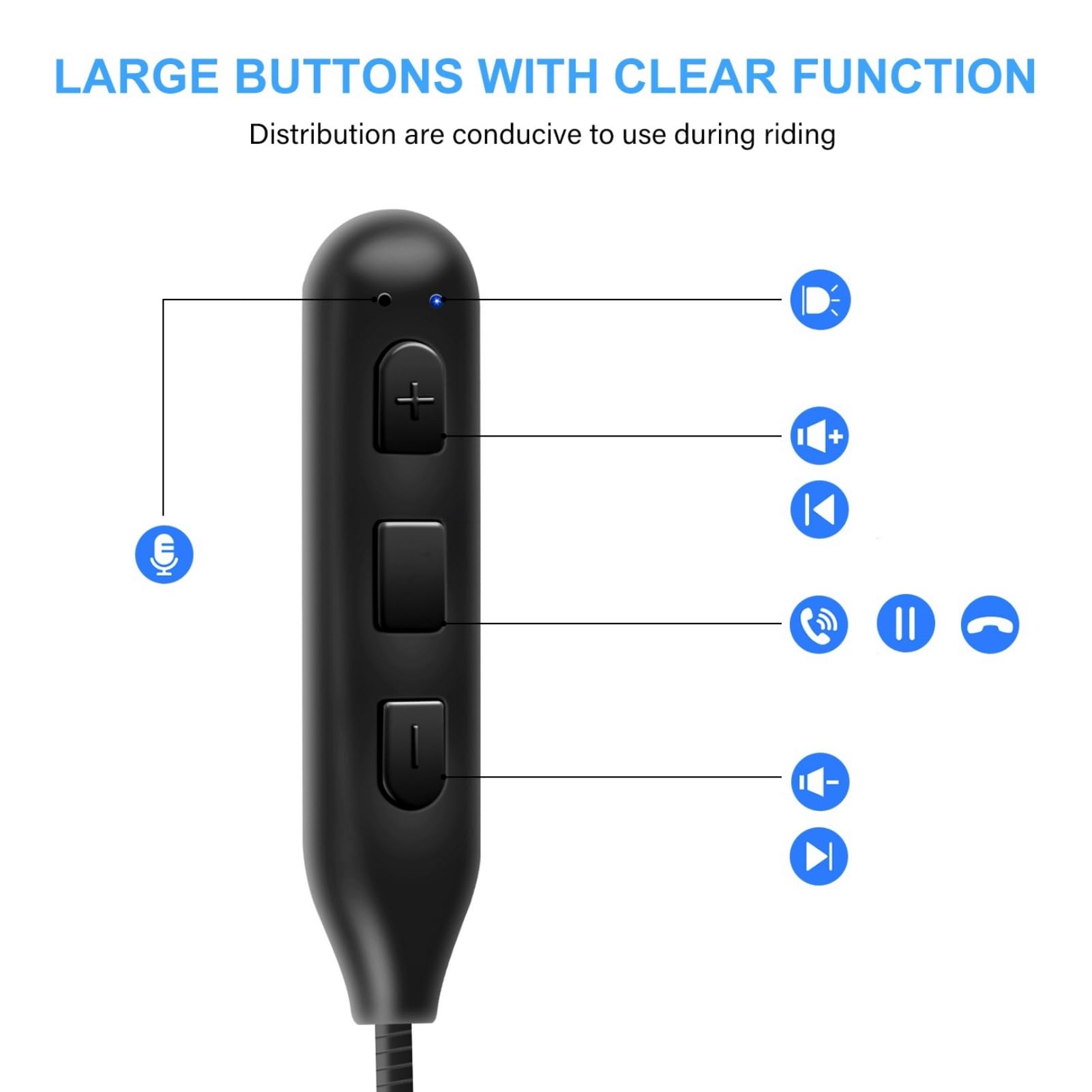 LARGE BUTTONS WITH CLEAR FUNCTION  
Distribution are conducive to use during riding