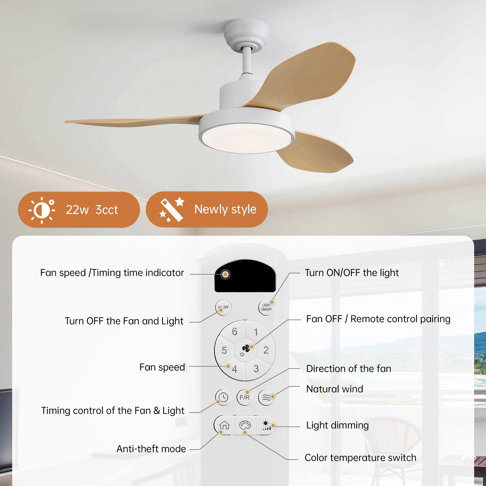 22w 3cct  
Newly style  
Fan speed / Timing time indicator  
Turn ON/OFF the light  
Turn OFF the Fan and Light  
Fan OFF / Remote control pairing  
Fan speed  
Direction of the fan  
Timing control of the Fan & Light  
Anti-theft mode  
Light dimming  
Color temperature switch