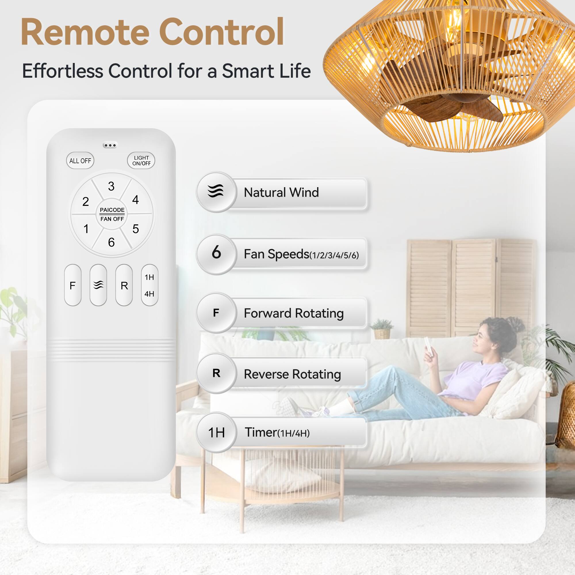 Remote Control Effortless Control for a Smart Life
ALL OFF LIGHT ON/OFF
2 1 3 4 PAICODE FAN OFF 5 6
6 Natural Wind
Fan Speeds(1/2/3/4/5/6)
F Forward Rotating
R Reverse Rotating
1H Timer(1H/4H)