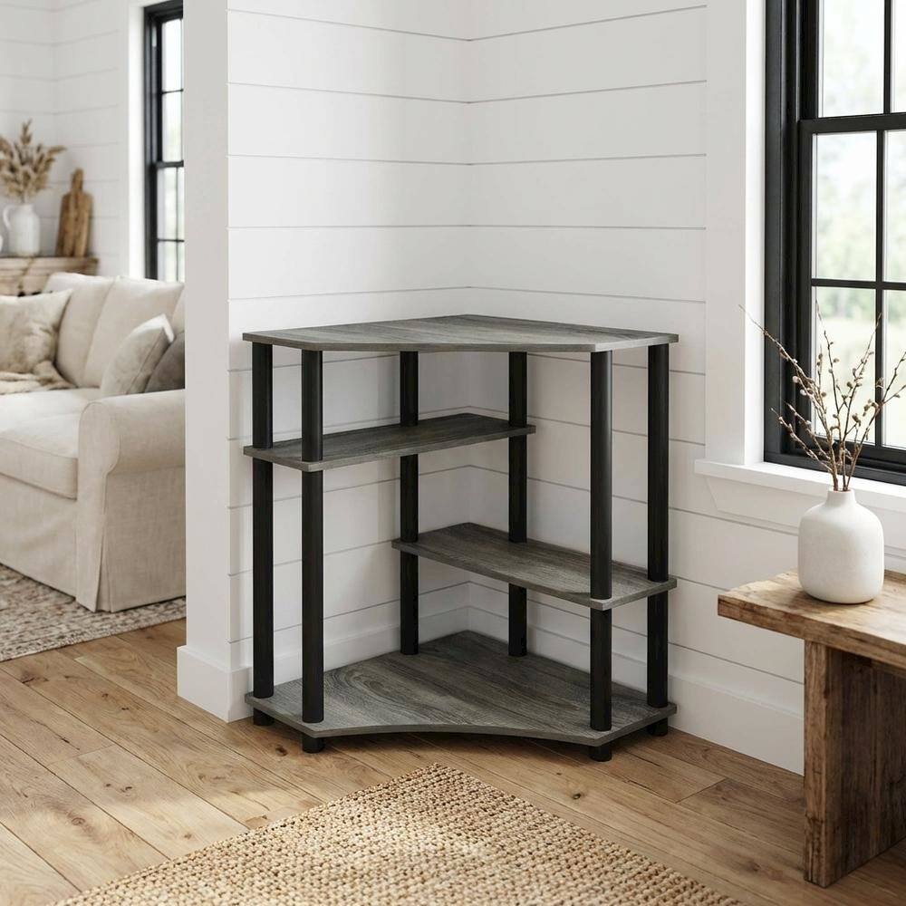 Angle. BisonOffice - Gray Corner Desk With Shelves, Modern Ergonomic Design For Office Spaces - French Oak Grey/Black.