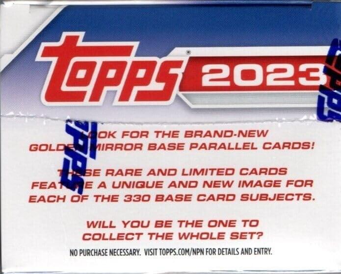 Sure, here is the corrected and grouped text:

---

**Topps 2023**

Look for the brand-new **Gold Mirror Base Parallel Cards!**  
These rare and limited cards feature a unique and new image for each of the 330 base card subjects.  
Will you be the one to collect the whole set?  

No purchase necessary. Visit **topps.com/NPN** for details and entry.

---