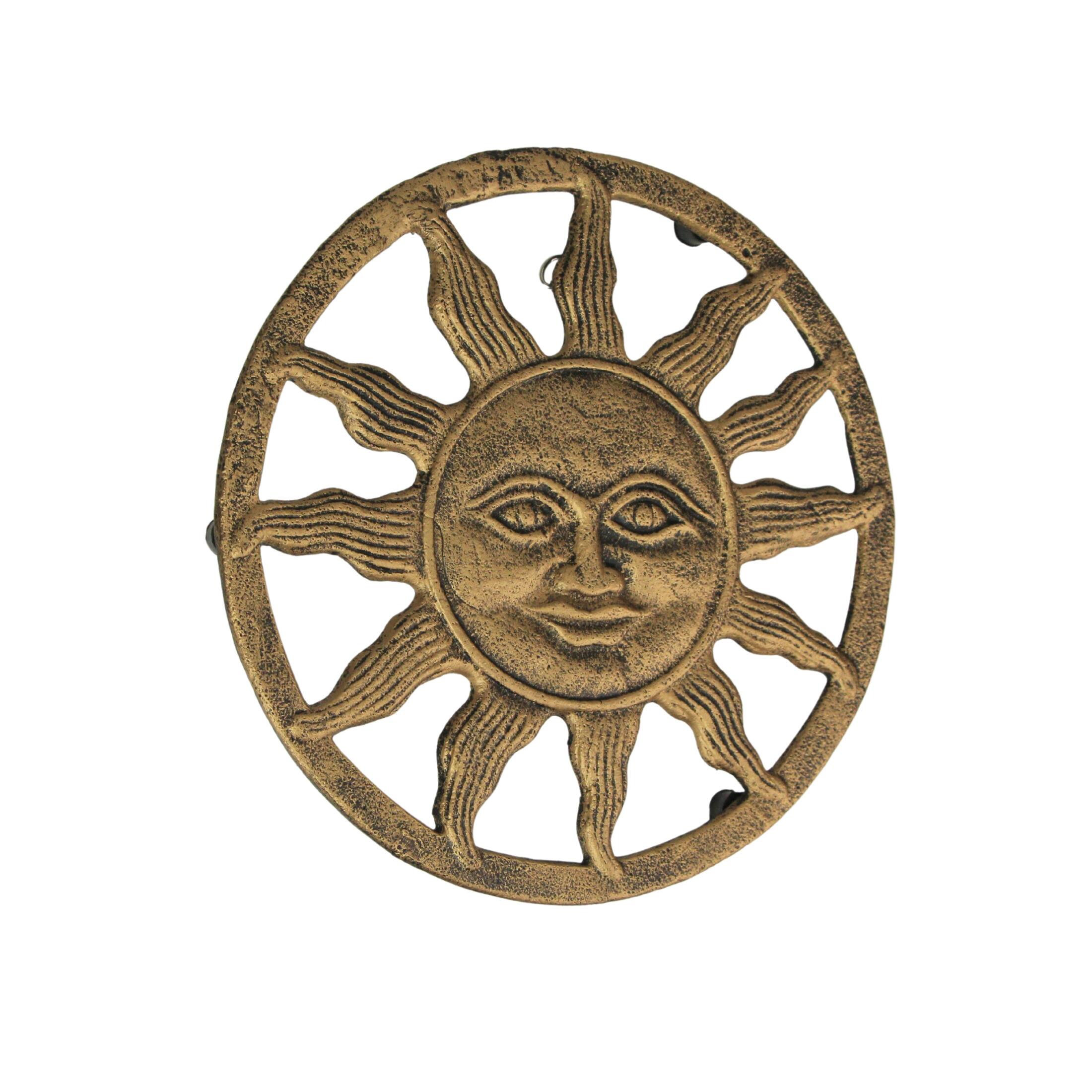 Alt View 1. Zeckos - Cast Iron Sun Face Trivet – Distressed Gold Finish, Heat-Resistant Kitchen Decor - Gold.