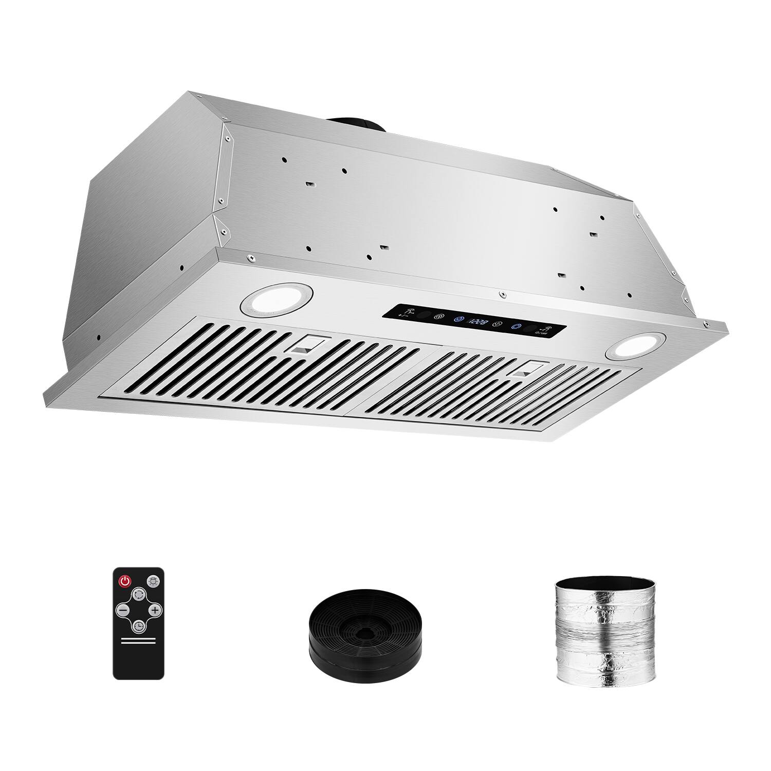 Front. Aobosi - Range Hood Insert 30 In with 6”Aluminum Duct, 750CFM Kitchen Vent Hood with 3 Speed Fan, 2 LED Lights, 2 Charcoal filter - Silver.