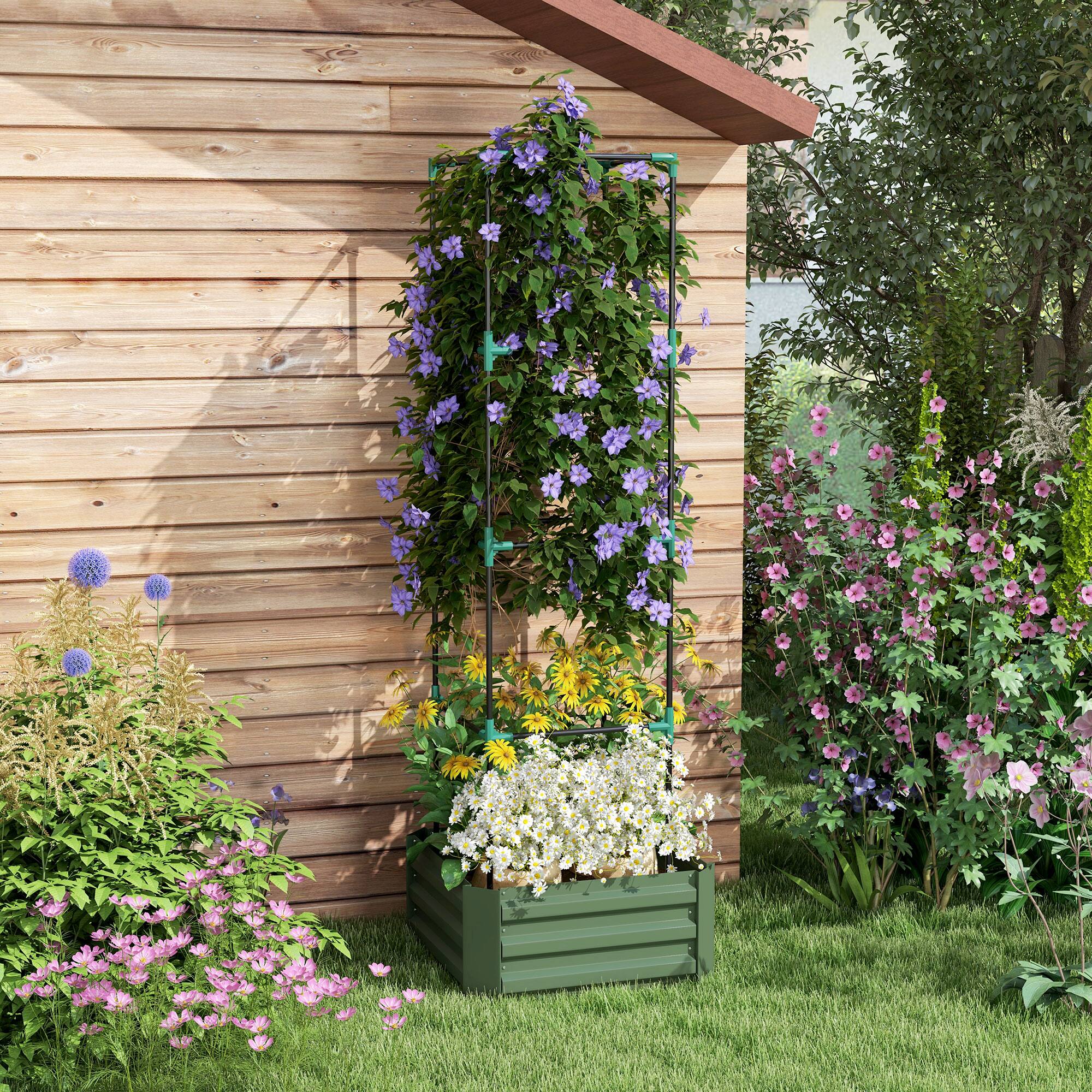 Alt View 1. Outsunny - Galvanized Raised Garden Bed, 73.5" Tall Outdoor Planter Box with Trellis Tomato Cage and Open Bottom for Climbing Vines - Green.