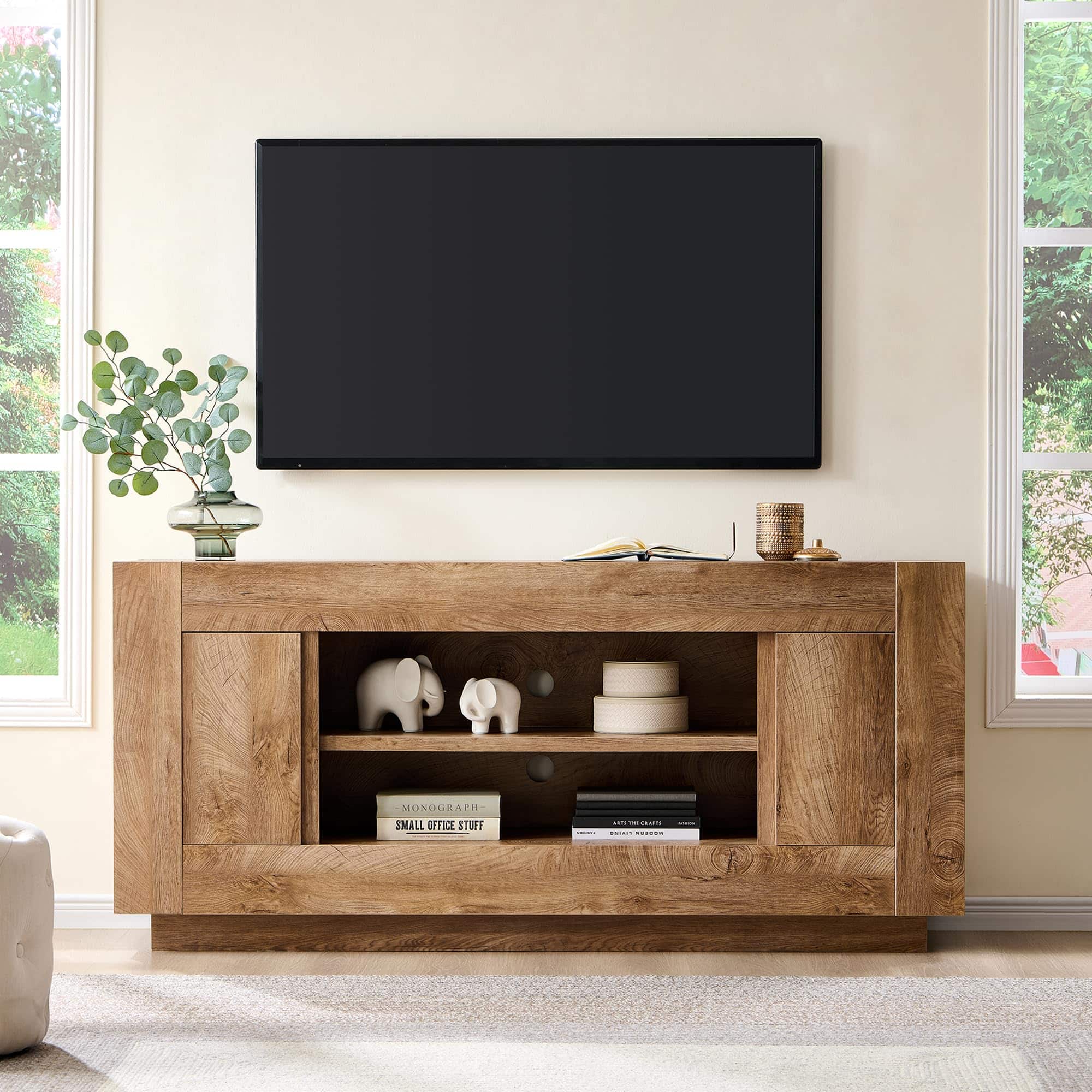 OMOMMD - 70" Wood TV Stand for 80" TVs, Open Shelf & Cabinet Storage, 300 lb Top - Light Knotty