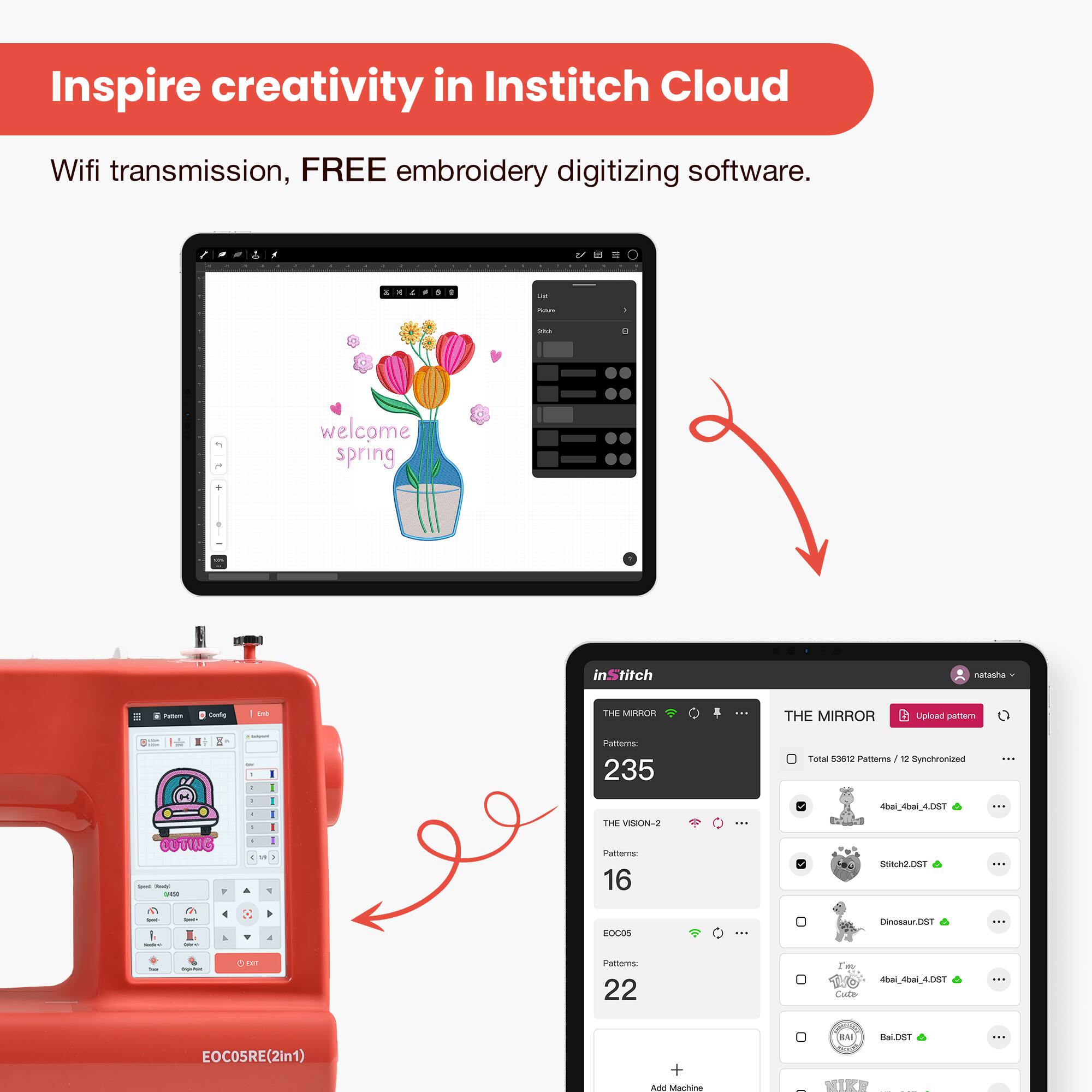 Inspire creativity in Institch Cloud

Wifi transmission, FREE embroidery digitizing software.

- welcome spring
- inStitch natasha
- THE MIRROR
- THE VISION-2
- EOC05RE(2in1)
- Add Machine
- 235 Patterns
- 16 Patterns
- 22 Patterns
- Upload patterns
- Total 53912 Patterns / 12 Synchronized
- 4884_Aba_4bal_4.DST
- Stitch2.DST
- Dinosaur.DST
- 4884_Aba_4bal_4.DST
- Bal.DST
- Nike
- EOC05RE(2in1)