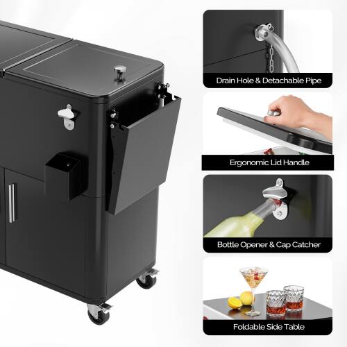 Drain Hole & Detachable Pipe  
Ergonomic Lid Handle  
Bottle Opener & Cap Catcher  
Foldable Side Table