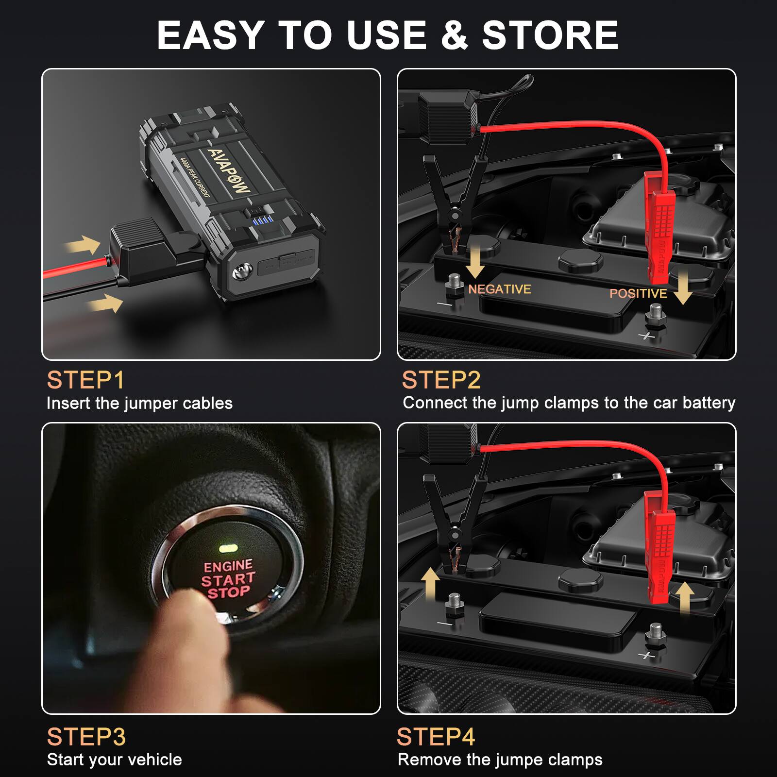 EASY TO USE & STORE

STEP1  
Insert the jumper cables

STEP2  
Connect the jump clamps to the car battery

STEP3  
Start your vehicle

STEP4  
Remove the jumper clamps