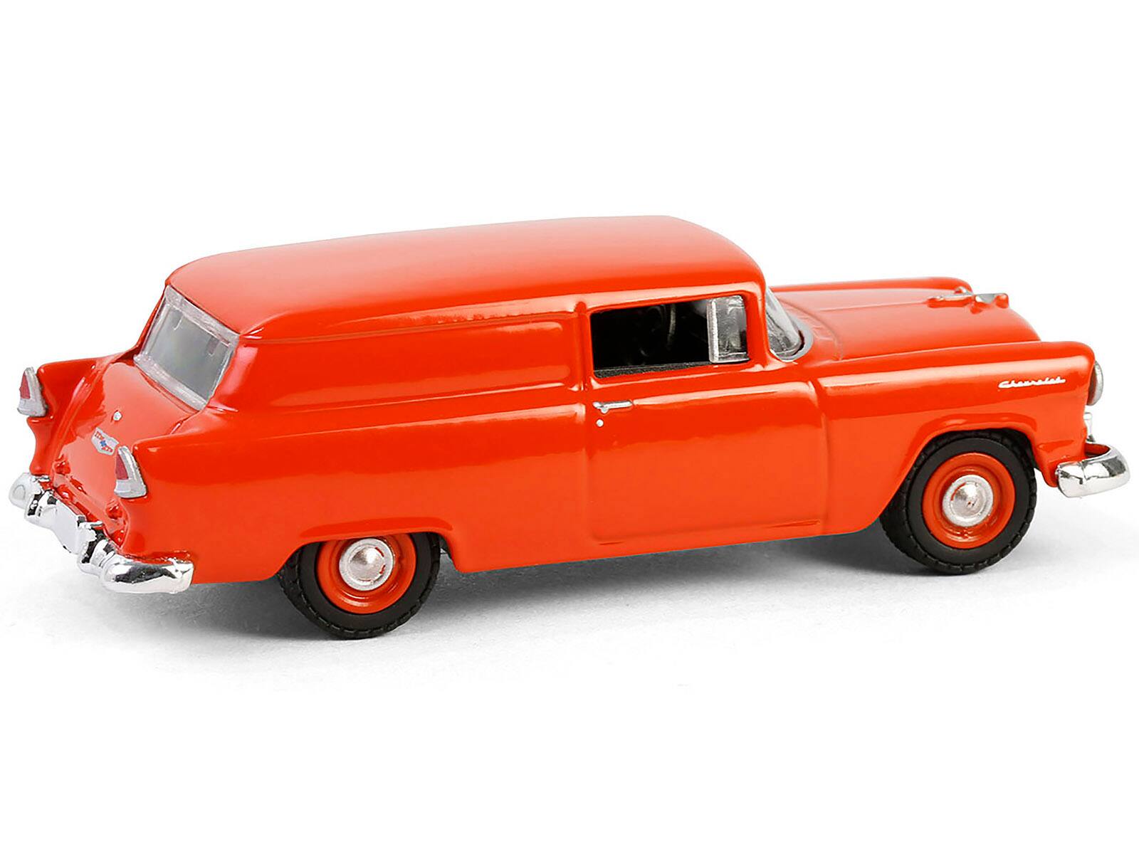 Left. Greenlight - 1955 Chevrolet Sedan Delivery Orange Red "First in Appearance and Performance" "Vintage Ad Cars" Series 11 1/64 - Orange Red.