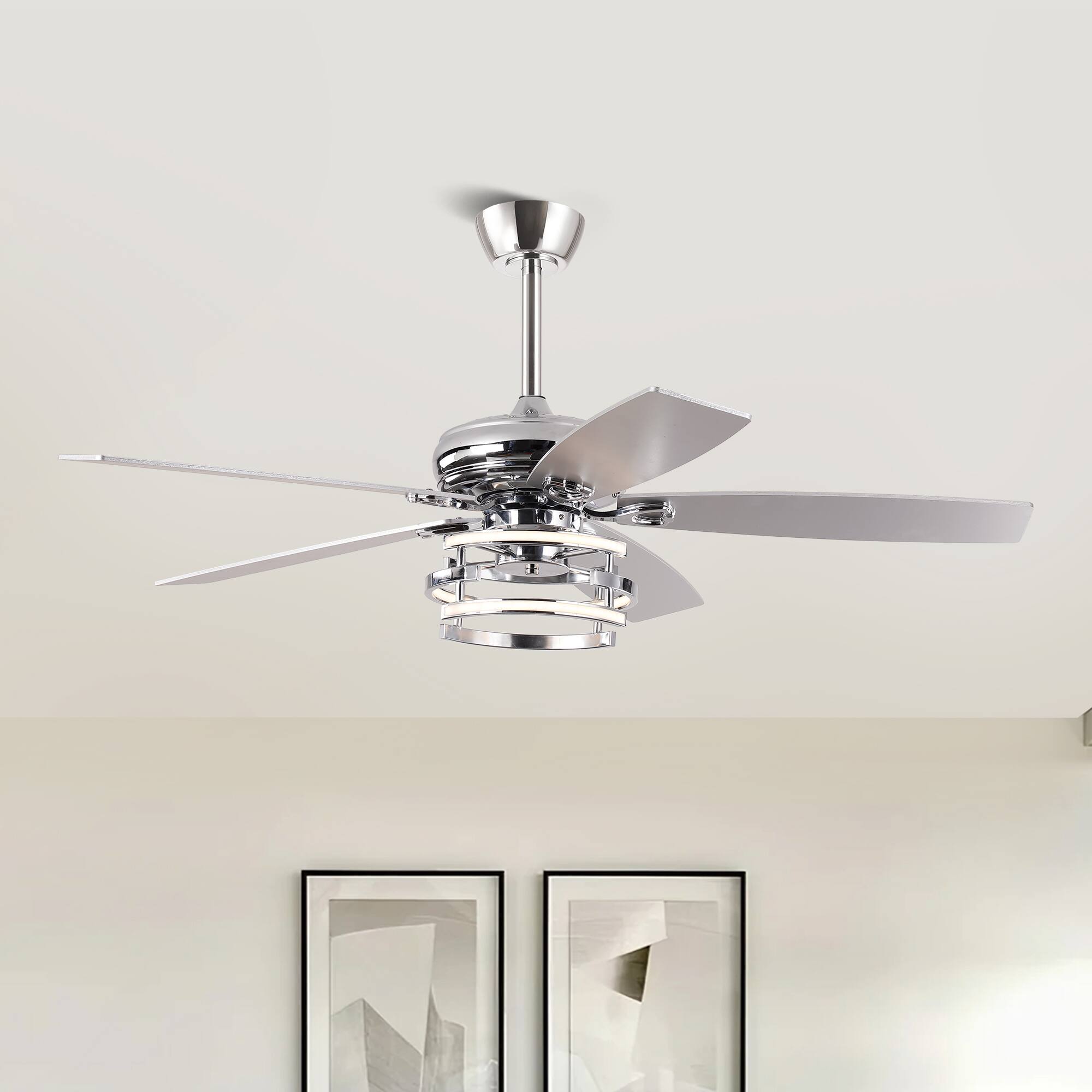 Front. Parrot Uncle - 52"  Modern Chrome Downrod Mount Dimmable LED Ceiling Fan with Remote and Reversible Blades - Chrome.