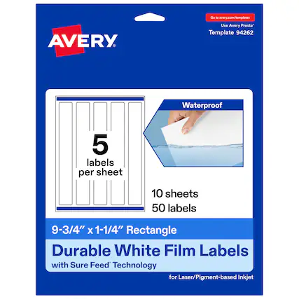 Go to avery.com/templates
Use Avery Presta™ Template 94262
Waterproof
5 labels per sheet
10 sheets
50 labels
9-3/4" x 1-1/4" Rectangle
Durable White Film Labels with Sure Feed™ Technology for Laser/Pigment-based Inkjet