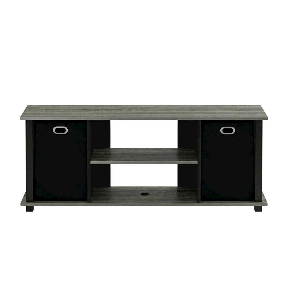 Back. FurniFact - Wood Entertainment Center with Storage Bins in French Oak and Black Finish - French Oak Grey/Black/Black.
