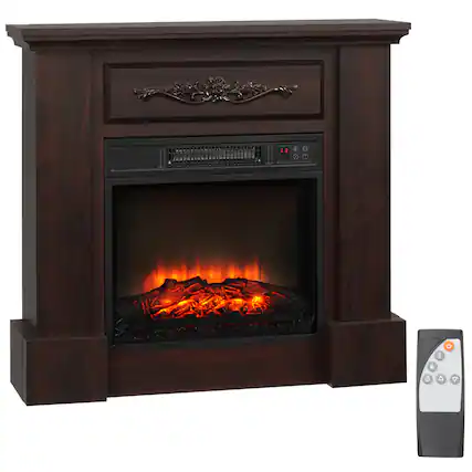 Front. Ecooso - 32 inch Freestanding Electric Fireplace with Mantel, Heater with LED Log Flame and Remote - Brown.