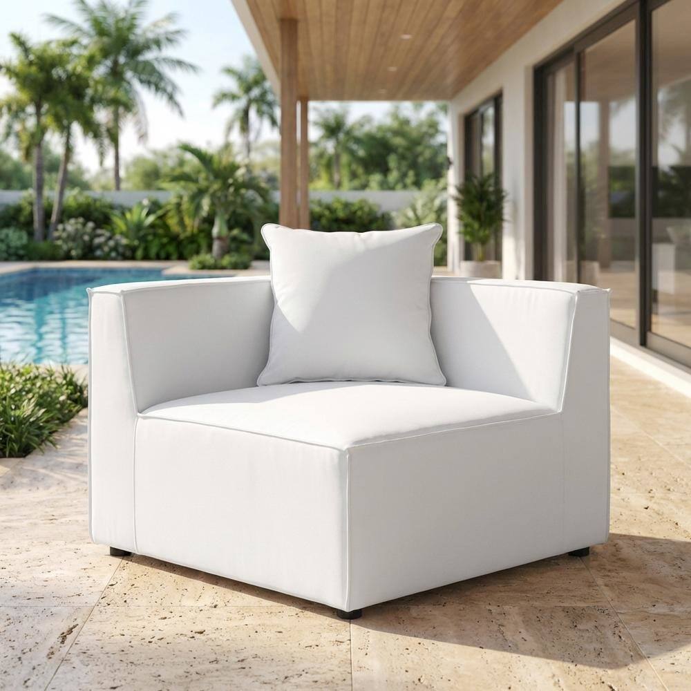 Left. Outdoor Escape - Outdoor Patio Upholstered Sectional Sofa Corner Chair, Armrests, Cushioned Seat - White.