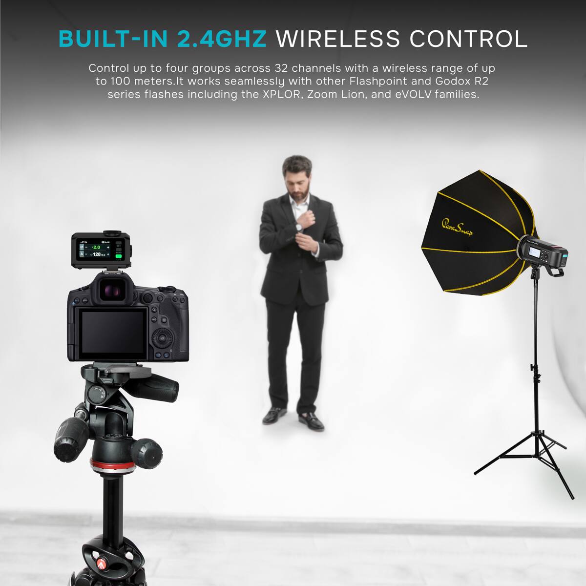 BUILT-IN 2.4GHZ WIRELESS CONTROL

Control up to four groups across 32 channels with a wireless range of up to 100 meters. It works seamlessly with other Flashpoint and Godox R2 series flashes including the XPLOR, Zoom Lion, and eVOLV families.