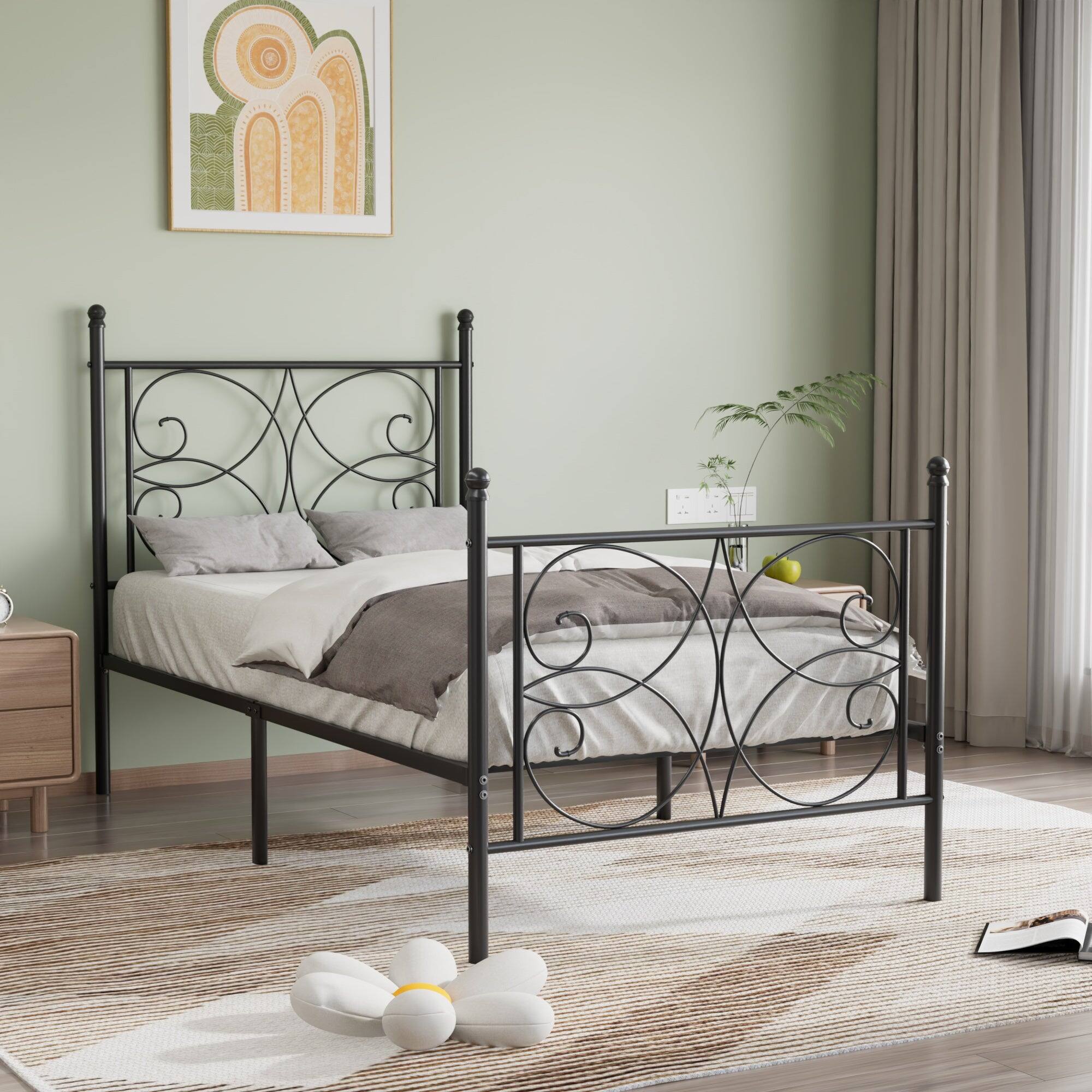 Angle. Vecelo - Twin Metal Bed Frame with Headboard - Heavy Duty Iron Platform, No Box Spring Needed, 450lb Capacity - Black.