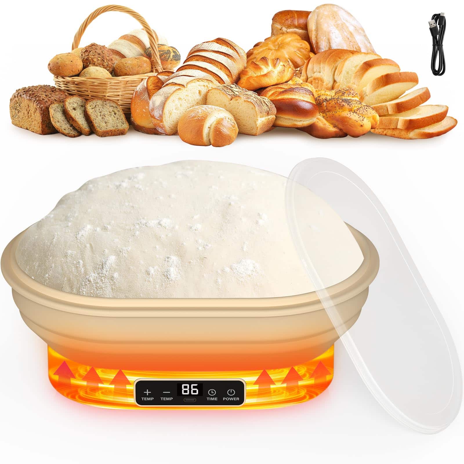 Pawtners - Heating Sourdough Proofing Basket: 2L Electric Banneton with 6 Timer/Temp Settings for Dough Rising - White