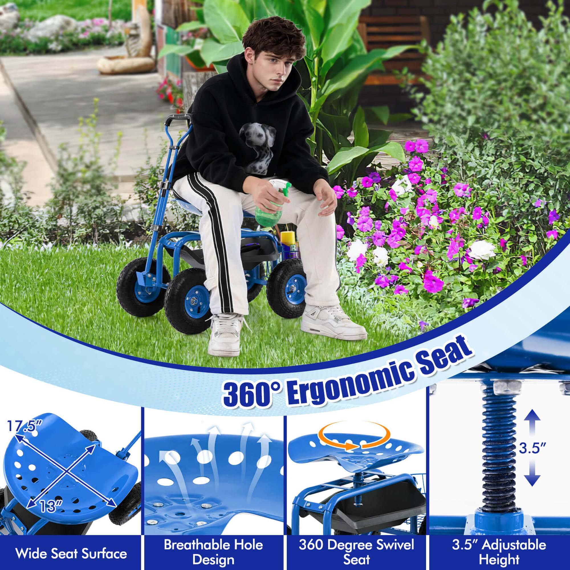 17.5" Seat  
360° Ergonomic Seat  
3.5" Wide Seat Surface  
Breathable Hole Design  
360 Degree Swivel Seat  
3.5" Adjustable Height