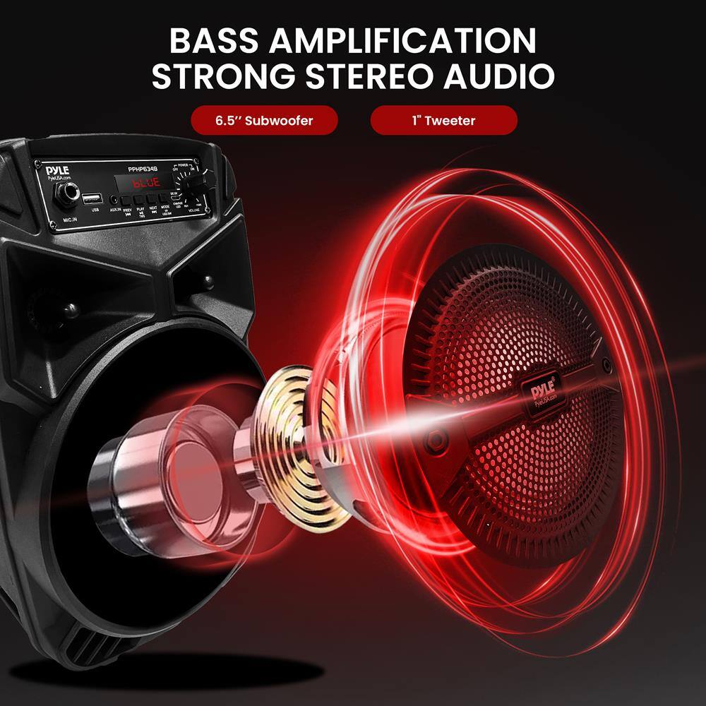 BASS AMPLIFICATION  
STRONG STEREO AUDIO  

6.5" Subwoofer  
1" Tweeter  

PYLE  
PPH6348  
BLUE  

PYLE  
PPH6348