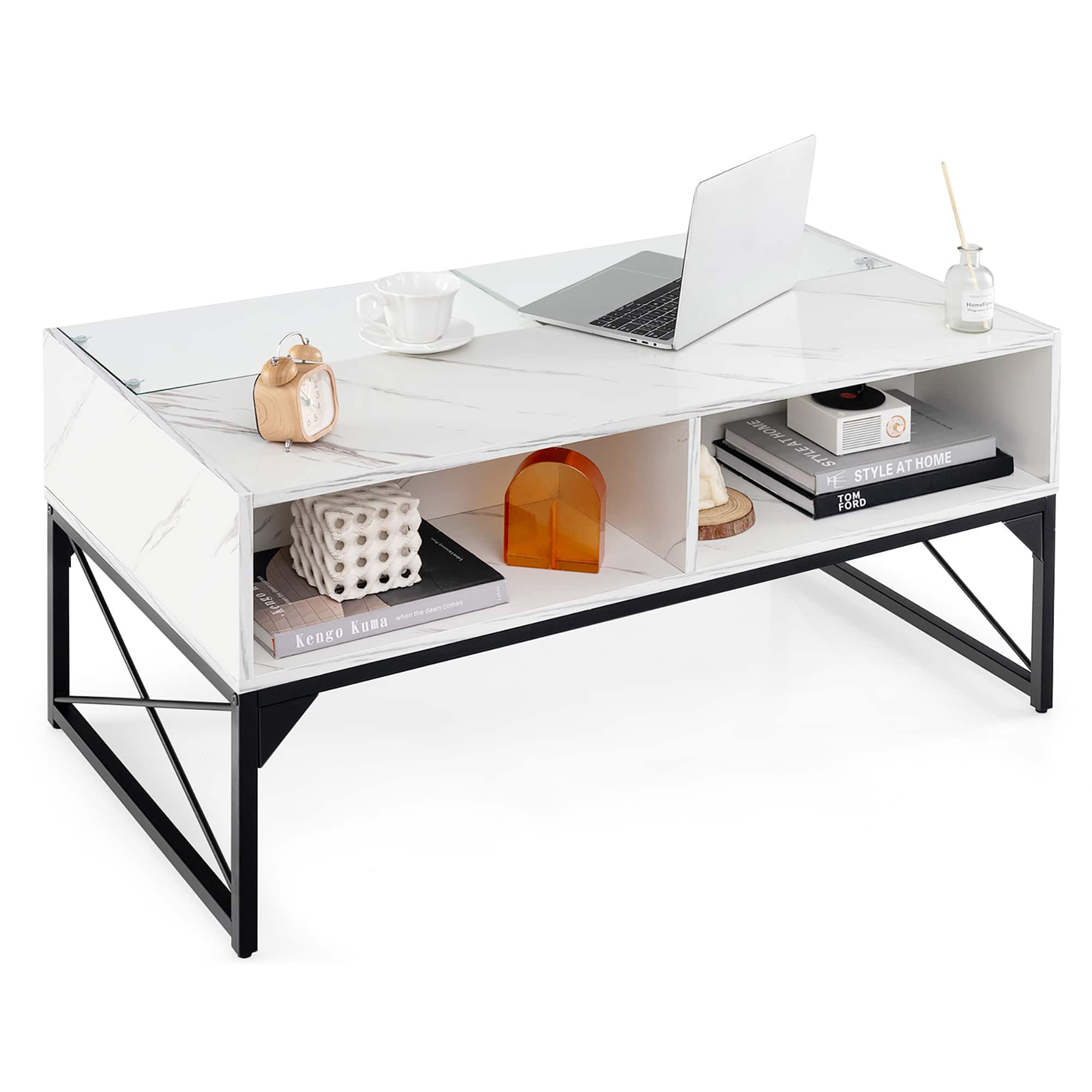Gymax - High-gloss LED Coffee Table w/ Faux Marble & Tempered Glass Top 4 Storage Cubes - White