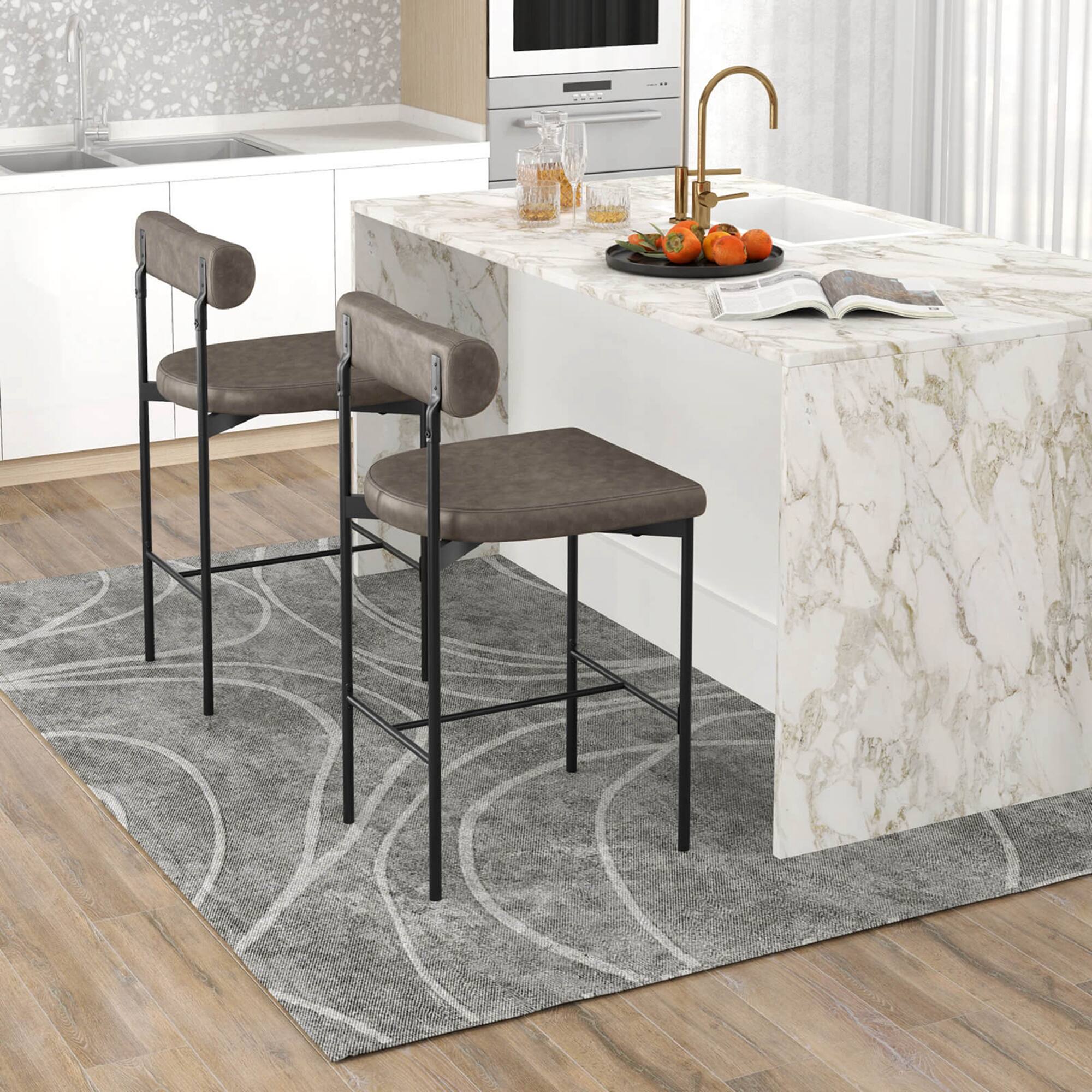Alt View 4. Costway - 26" Upholstered Bar Stools Set of 2 with Padded Cushion & Backrest Footrest - Gray.