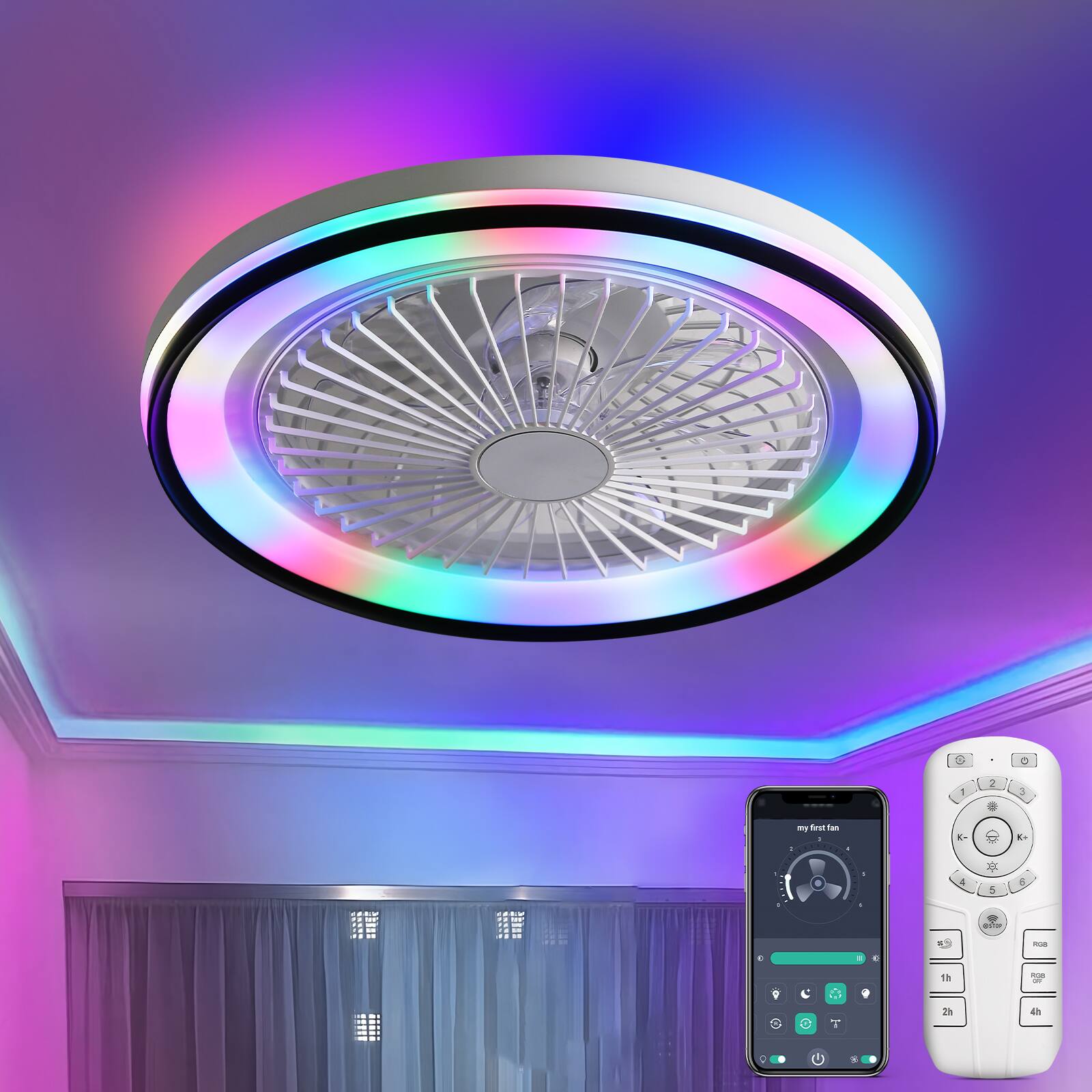 Back. Loheer - Loheer 19 Inch RGB Enclosed Ceiling Fan with Light Flush Mount Bladeless Dimmable LED Low Profile Fan with Remote.