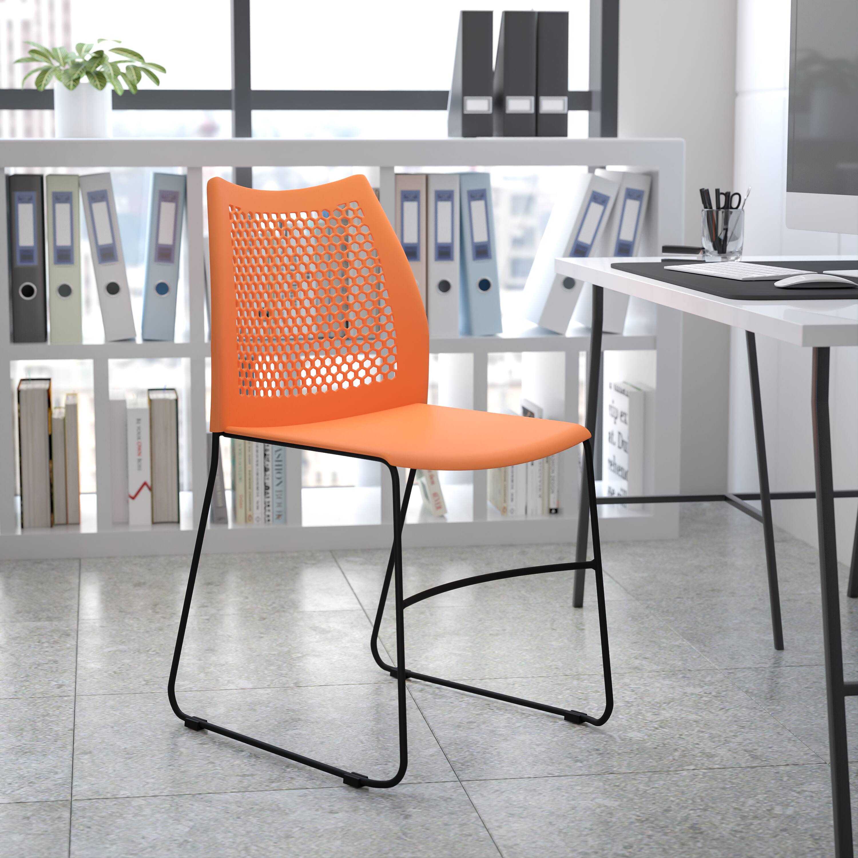 Alt View 1. Emma + Oliver - Home and Office Sled Base Stack Chair with Air-Vent Back - Guest Chair - Orange.