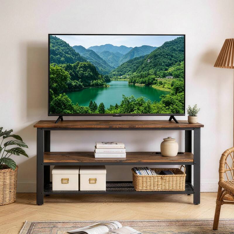 Angle. WELLFOR - Industrial TV Stand for TVs up to 50", Entertainment Center Console Table with Power Outlets and USB Ports - Rustic Brown.