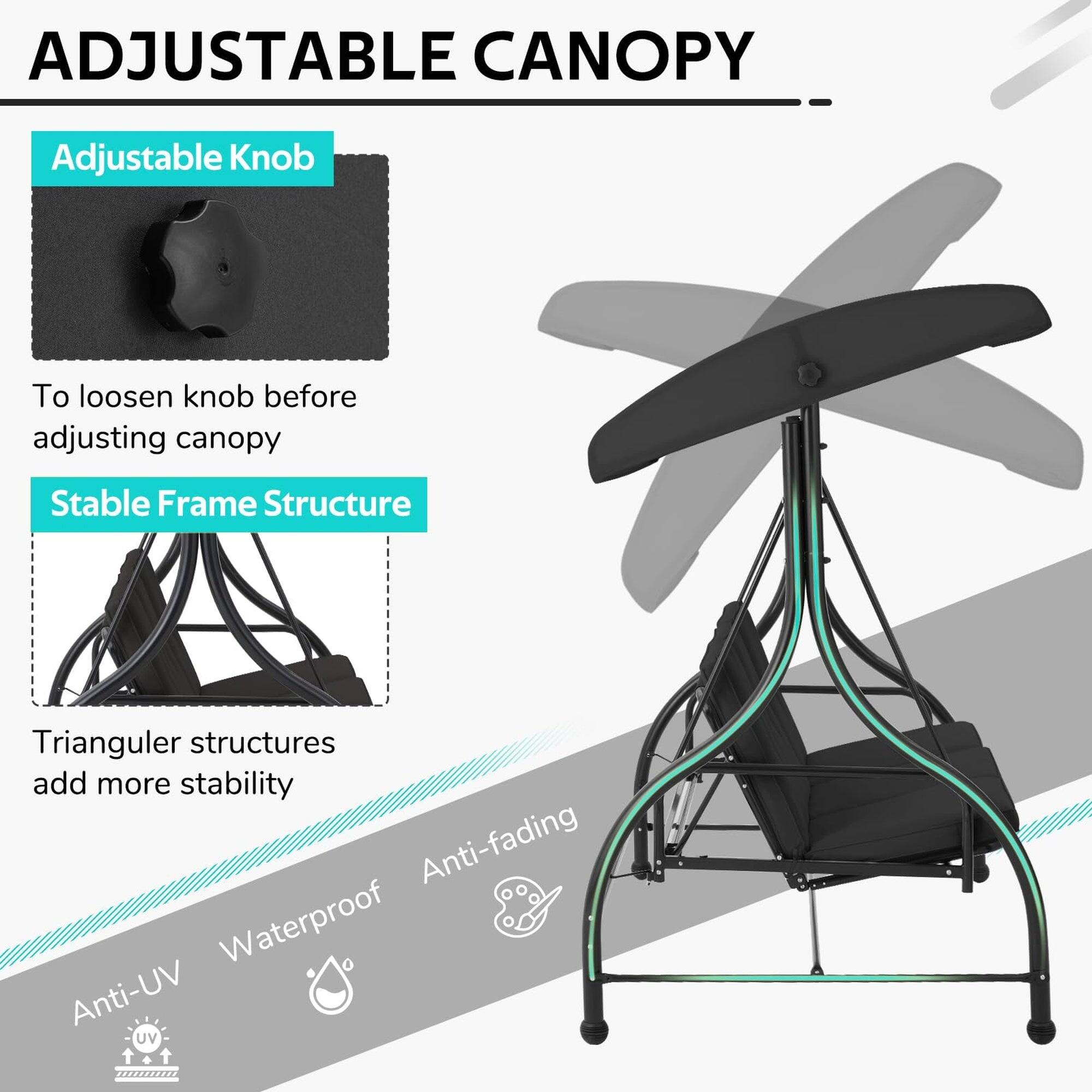 ADJUSTABLE CANOPY

Adjustable Knob
To loosen knob before adjusting canopy

Stable Frame Structure
Triangular structures add more stability

Anti-fading
Waterproof
Anti-UV
