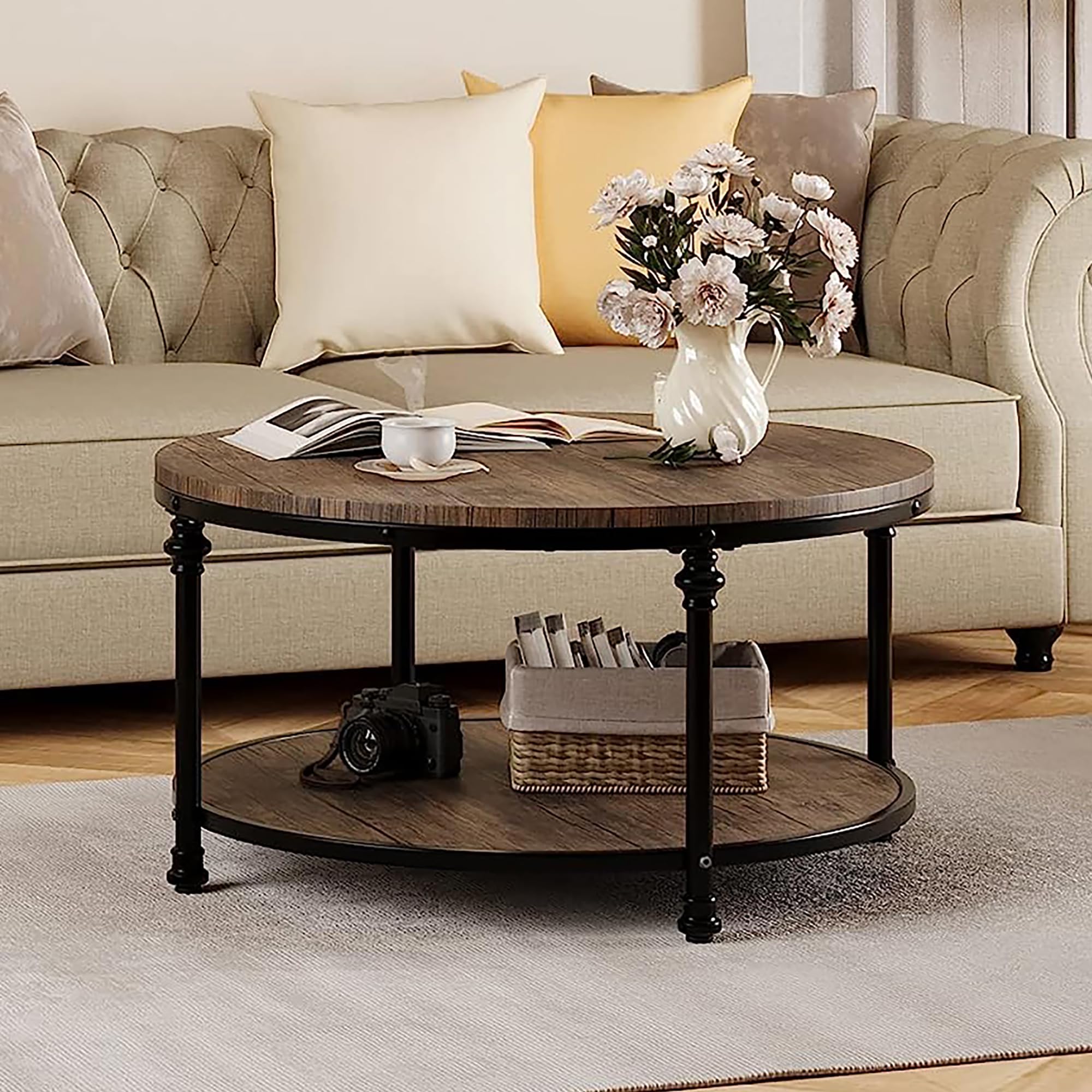 Alt View 4. Jojoka - 34 inch Round Coffee Table 2-Tier Wood Coffee Table with Storage Shelf Circle Center Table - Brown.
