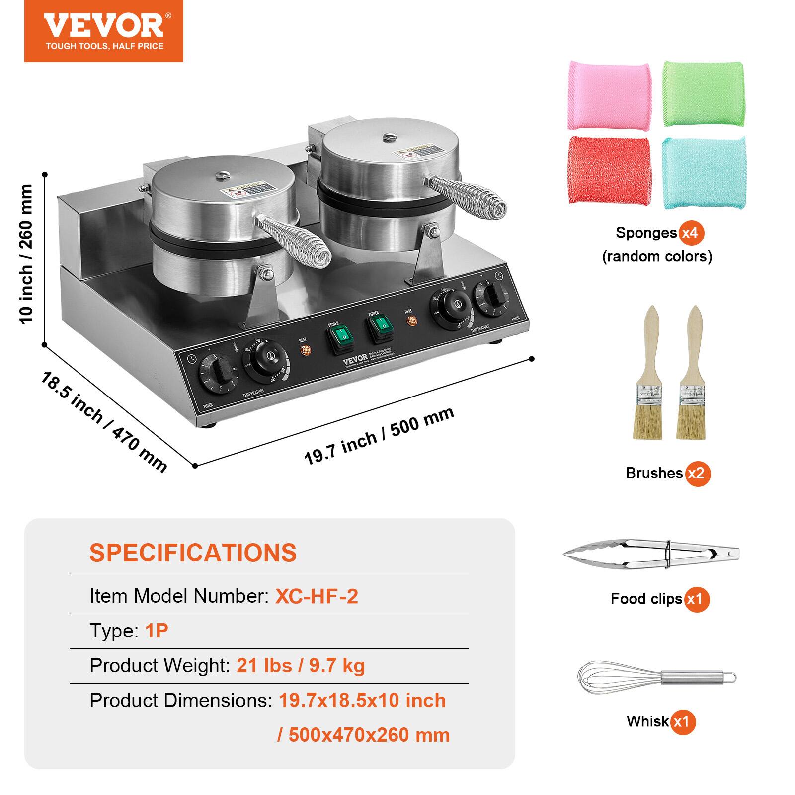 VEVOR TOUGH TOOLS, HALF PRICE

mm / 260 inch 10 18.5 inch I 470 mm
ISC III SPORT NOT VEVOR 500 mm 19.7 inch

Sponges x4 (random colors) Brushes x2

SPECIFICATIONS
Item Model Number: XC-HF-2
Type: 1P
Product Weight: 21 lbs / 9.7 kg
Product Dimensions: 19.7x18.5x10 inch / 500x470x260 mm

Food clips x1 Whisk x1