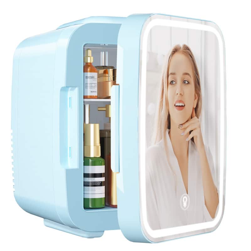YASHE - Portable Mini Skincare Fridge with Dimmable LED Mirror, 4L/6 Can Cooler & Warmer for Makeup& Food - Blue