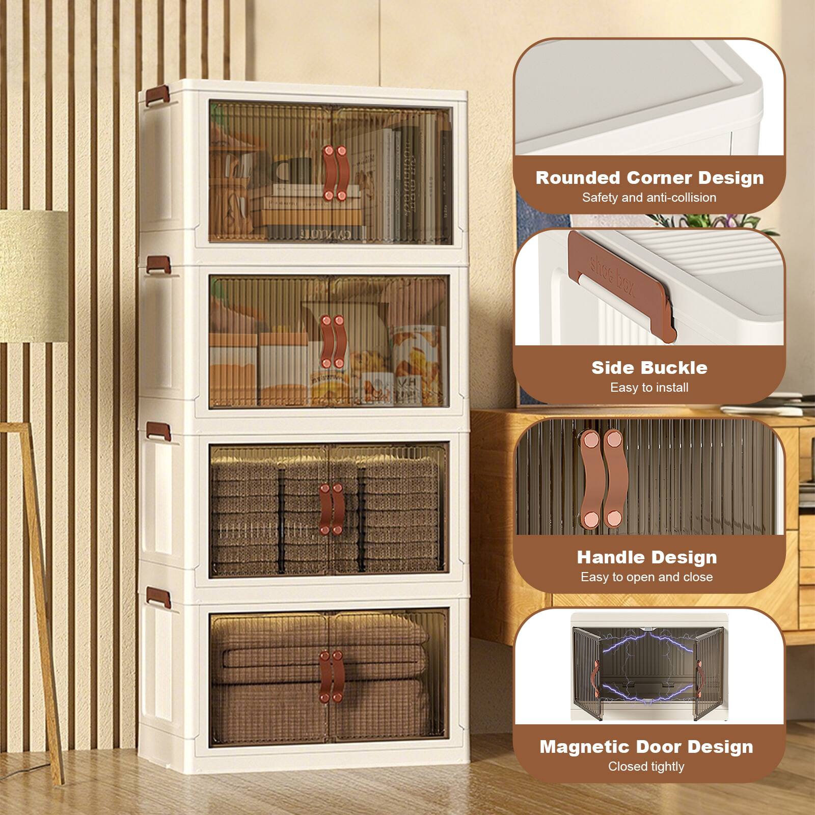 - Rounded Corner Design
  - Safety and anti-collision

- Side Buckle
  - Easy to install

- Handle Design
  - Easy to open and close

- Magnetic Door Design
  - Closed tightly
