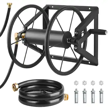 Front. VEVOR - Wall Mounted Garden Hose Reel, Holds 200 ft 5/8-inch Manual Water Hose Winder, Heavy-Duty Steel, Outdoor Reel - Black.