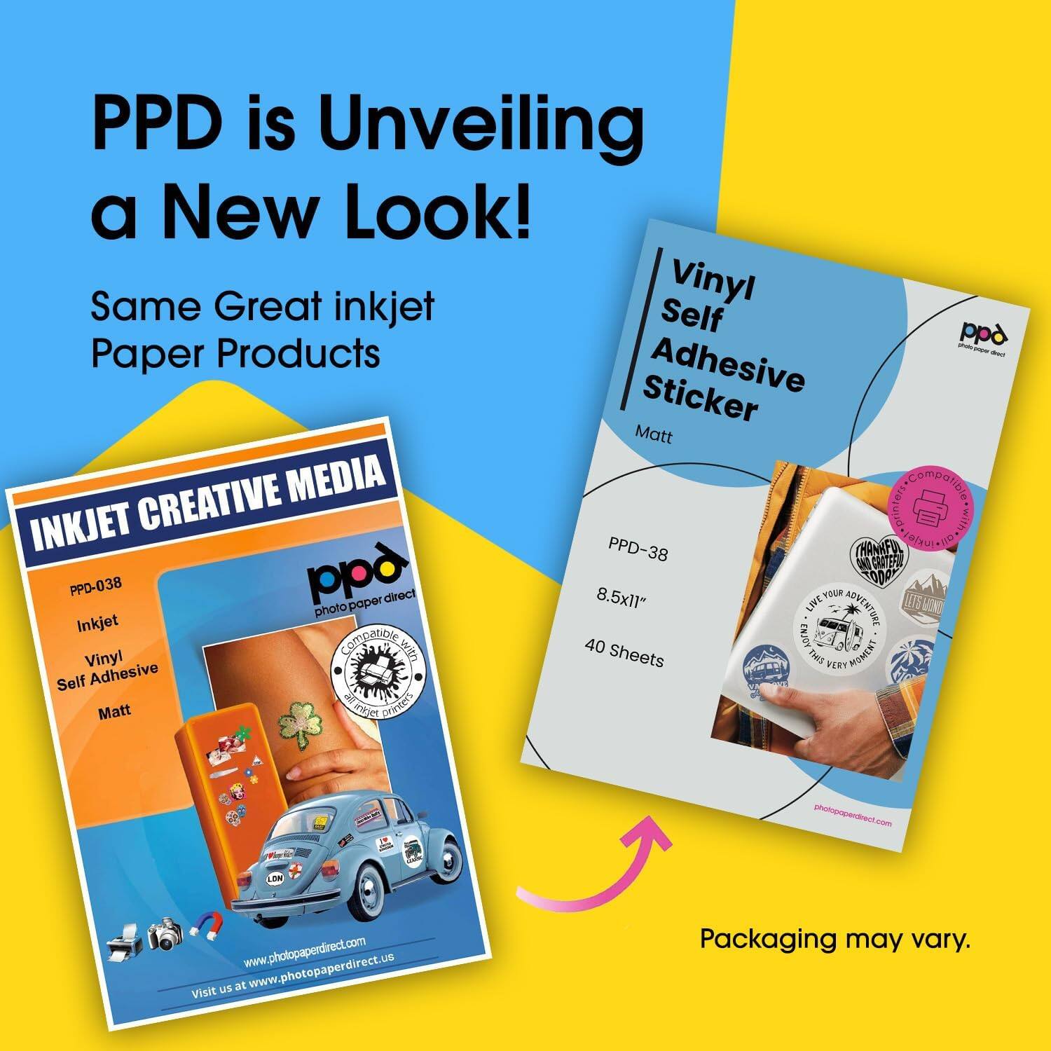 PPD is unveiling a new look! Same great inkjet paper products. Adhesive sticker matt creative media compatible with inkjet printers. PPD-38, PPD-038, 8.5x11" vinyl self-adhesive matt. 40 sheets. Live your adventure. Visit www.photopaperdirect.com, www.photopaperdirect.us. Packaging may vary.
