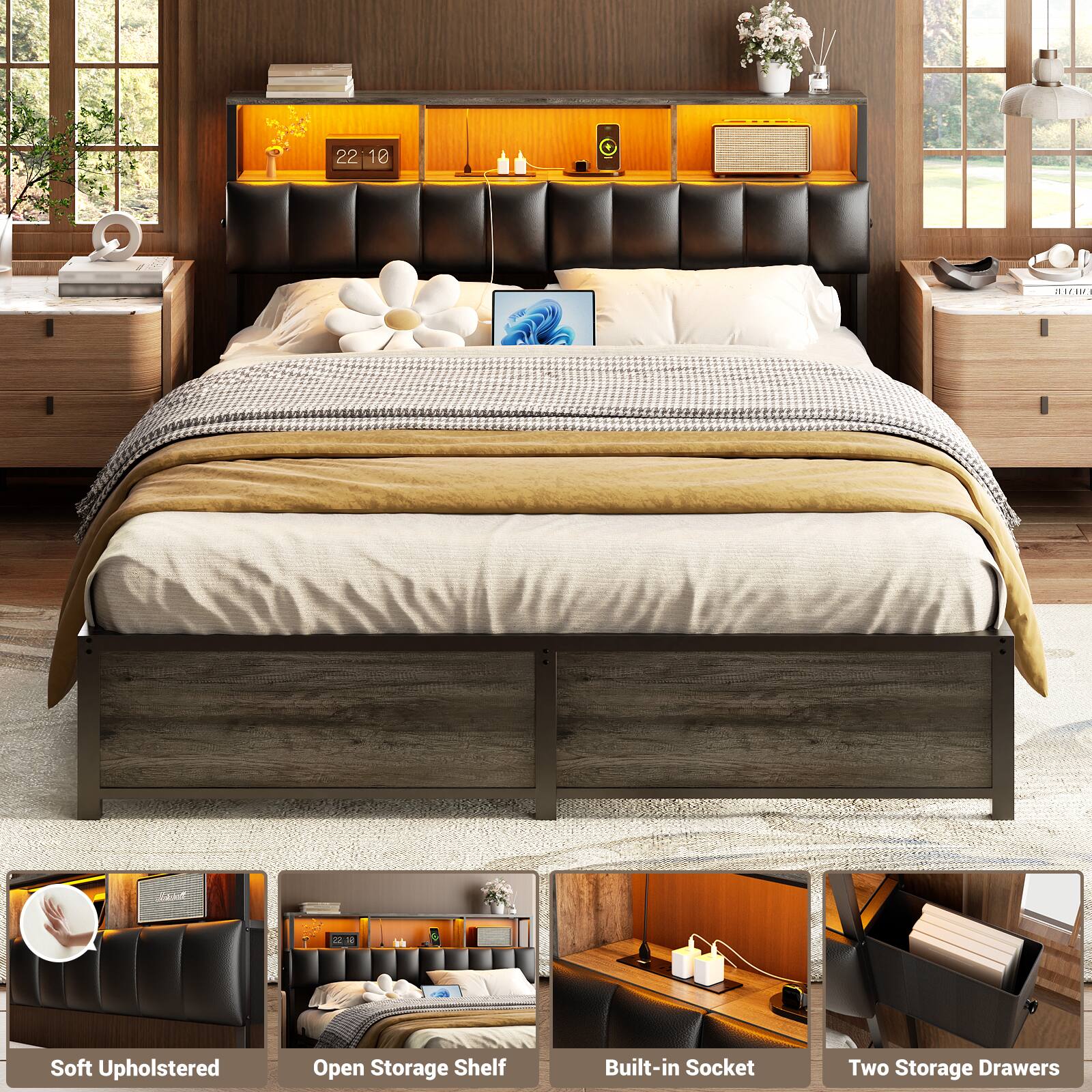 22 10 R AN 3 Soft Upholstered Open Storage Shelf Built-in Socket Two Storage Drawers