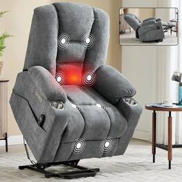 Kadyn - Power Lift Recliner Chair, Massage & Heat, Dual USB Ports, Cup Holders, 155° Recline - Gray