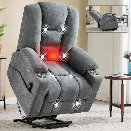 Front. Kadyn - Power Lift Recliner Chair, Massage & Heat, Dual USB Ports, Cup Holders, 155° Recline, Gray - Gray.