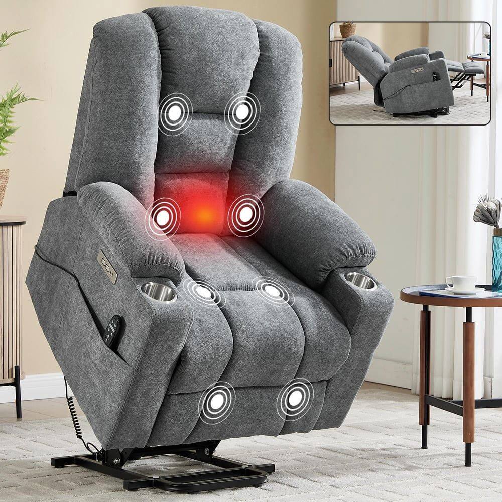 Front. Kadyn - Power Lift Recliner Chair, Massage & Heat, Dual USB Ports, Cup Holders, 155° Recline, Gray - Gray.