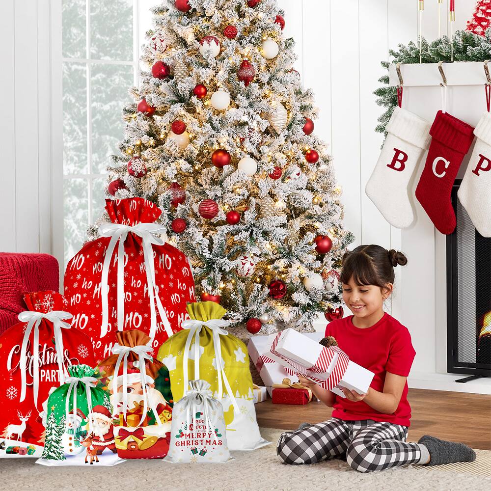 Sure, here is the corrected and grouped text from the image:

**On the Gifts:**
- "Merry Christmas"
- "We Love Merry Christmas"
- "Christmas Party"
- "HO HO HO"

**On the Stockings:**
- "B"
- "C"
- "P"

**On the Gift Bags:**
- "Merry Christmas"