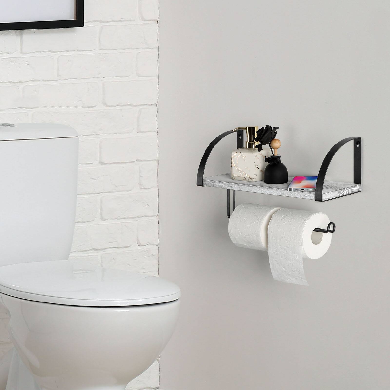 Alt View 2. Oumilen - Wall Mounted Floating Shelf with Paper Towel Holder – Gray White Wood Storage Shelf with Roll Bar.